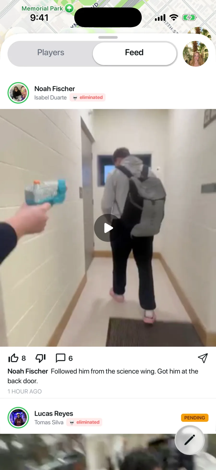 The elimination feed, showing a proof video with reactions and comments.